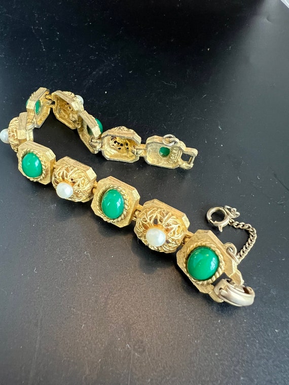 Signed BSK Faux Jade and Pearl Gold Tone Bracelet
