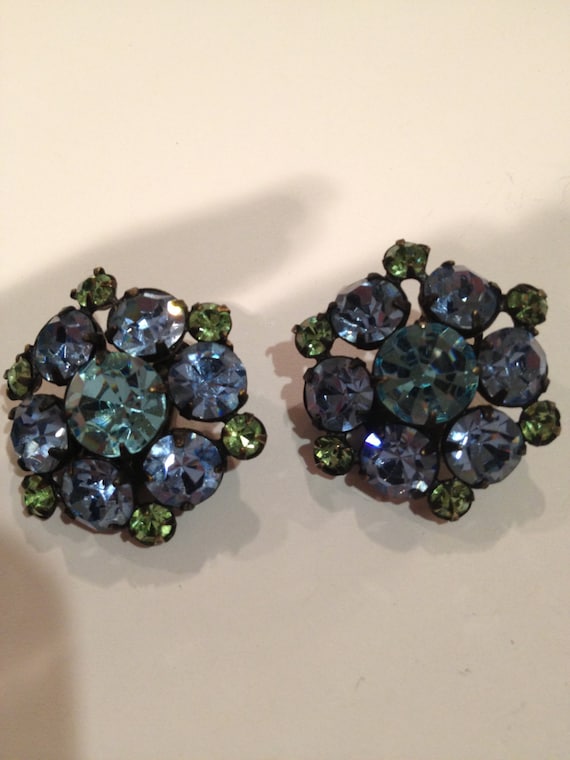 Vintage Blue Green Rhinestone Earrings
