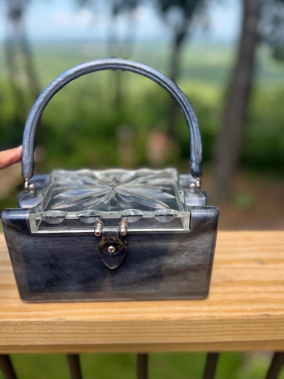 Vintage Lucite Black Marble Handbag Purse