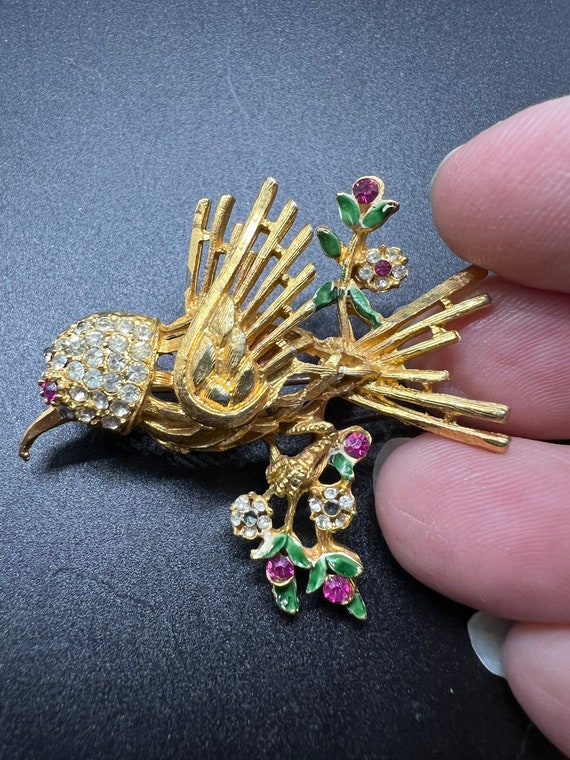 BSK Gold tone Bird Flower Brooch - image 5