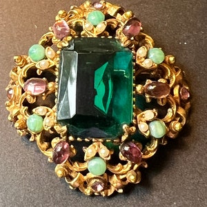 Florenza Emerald faux Turquoise Faux Pearl Purpke Cabachon Brooch