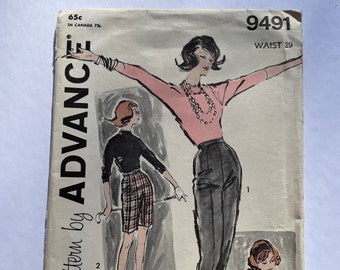 Advance 9491 1960 Sewing Pattern Misses Skinny Pants or Shorts Size 29 Waist