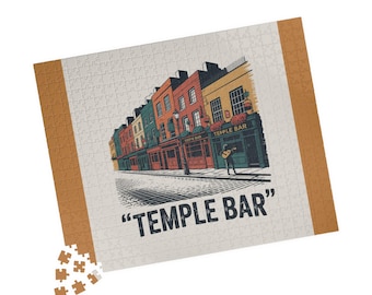 May include: A completed jigsaw puzzle featuring a street scene with colorful buildings and the text "TEMPLE BAR". The illustration depicts a musician playing a guitar in front of a pub. The puzzle has a tan border.