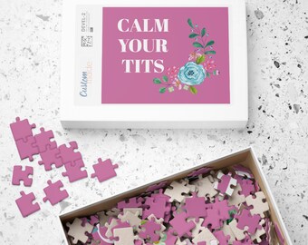 Puzzle, Funny "Calm Your Tits" Jigsaw Puzzle: Humorous Adult Gag Gift