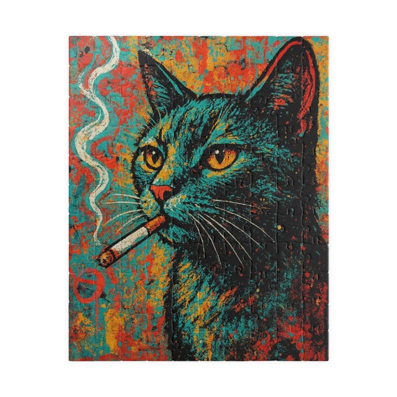 Cat Smoking Cigarette Puzzle, Retro Whimsical Jigsaw, Funny Animal Wall Art