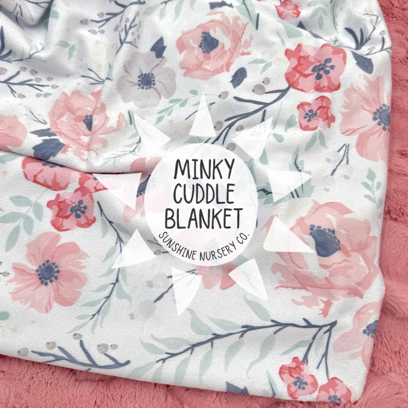 Cuddle Blanket- MEADOW FLORAL- baby blanket- baby bedding- girl- floral blanket- nursery- crib blanket- minky blanket- throw blanket- pink image 1