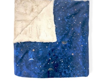 Cuddle Blanket- BLANKET OF STARS- baby blanket- minky blanket- boho bedding- boy- boy- stars- moon- constellations- celestial- blue- sky