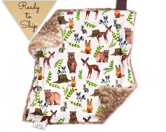 Lovey Blanket- WOODLAND PALS - baby lovey- security blanket- baby gift- boy lovey- ready to ship- baby blanket- lovey- Free Ship!