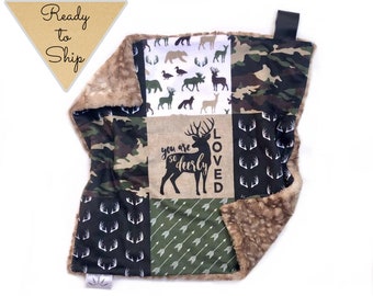 Lovey Blanket- SO DEERLY LOVED - baby lovey- security blanket- baby gift- boy lovey- deer lovey- deer blanket- lovey- Cuddle blanket