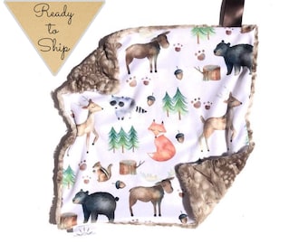 Lovey Blanket- WOODLAND PARTY - baby lovey- security blanket- baby gift- boy lovey- ready to ship- baby blanket- lovey- animal lovey