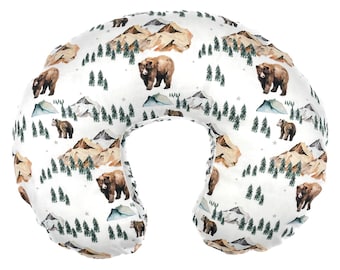 Nursing Pillow Cover- BEAR CUBS- bears- woodland- - nursing cover- boy nursing pillow- mountains- forest- green- brown - baby bedding