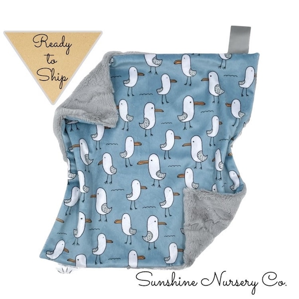 Lovey Blanket- SEAGULL SHORE - baby lovey- security blanket- baby gift- boy lovey- baby blanket- lovey- birds- seagulls- beach- blue- gray