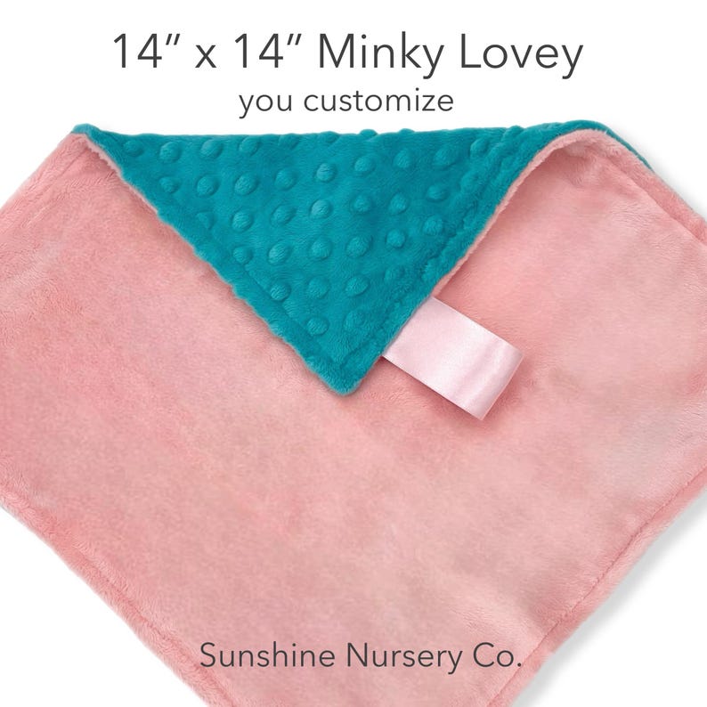 14”x14" MINKY Double-Sided LOVEY- Minky blanket- You Pick Colors- Tag- pacifier- self soothe- personalized- embroidered image 1