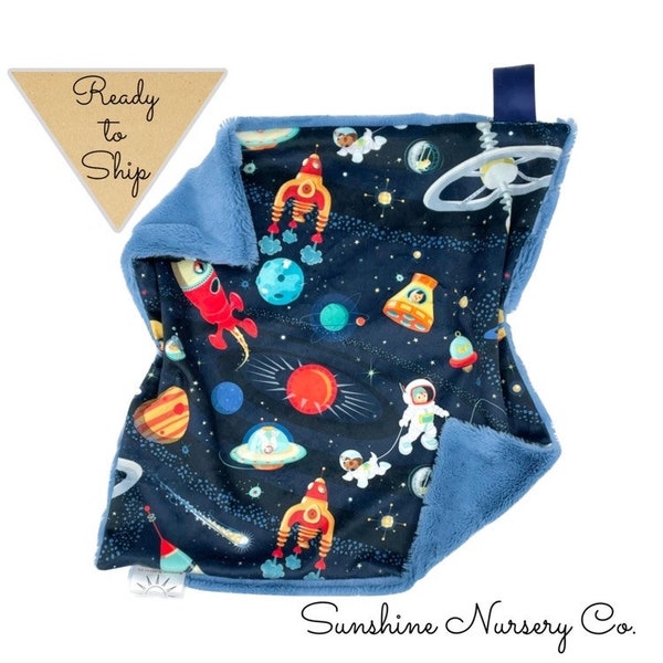 Lovey Blanket- COSMIC ADVENTURE- baby lovey- security blanket- baby gift- outer space- astronaut- planets- stars moon- navy blue- rocket
