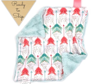 Lovey Blanket- CORAL and OPAL ARROWS- baby lovey- security blanket- baby gift- girl lovey- ready to ship- baby blanket- boho lovey