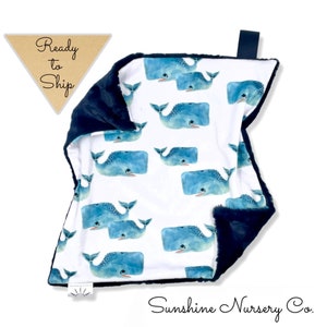 Lovey Blanket- WHALES- ocean lovey- security blanket- baby gift- boy lovey- ready to ship- baby blanket- cuddle blanket- whale- navy
