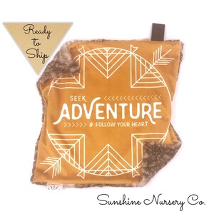 Lovey Blanket- SEEK ADVENTURE in GOLD - baby lovey- security blanket- baby gift- boy lovey- ready to ship- baby blanket- lovey- Free Ship!