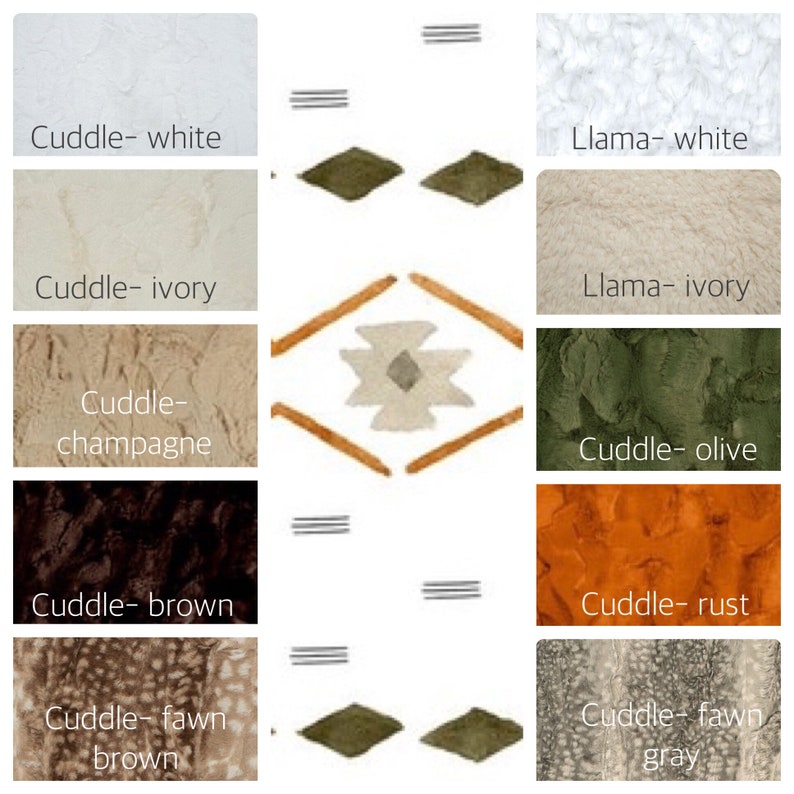 May include: A color chart showing different shades of faux fur in various colors, including white, ivory, champagne, brown, olive, rust, and fawn. The chart is labeled with the names of each color and the brand "Cuddle" or "Llama".