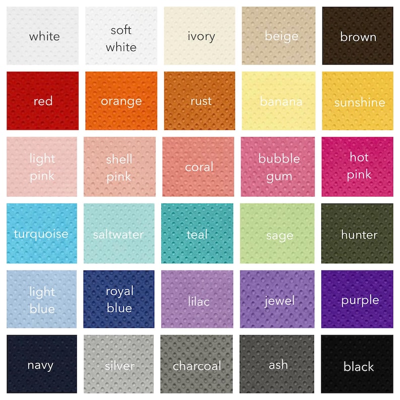 May include: A grid of thirty fabric swatches featuring a raised dimpled texture. Each square displays a distinct color labeled with text including white, ivory, brown, red, orange, pink, blue, green, purple, gray, and black shades.