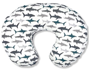 Nursing Pillow Cover- SHARK ATTACK- boy nursing pillow- shark cover- gray navy nursing pillow- sharks- boy bedding- coastal- ocean
