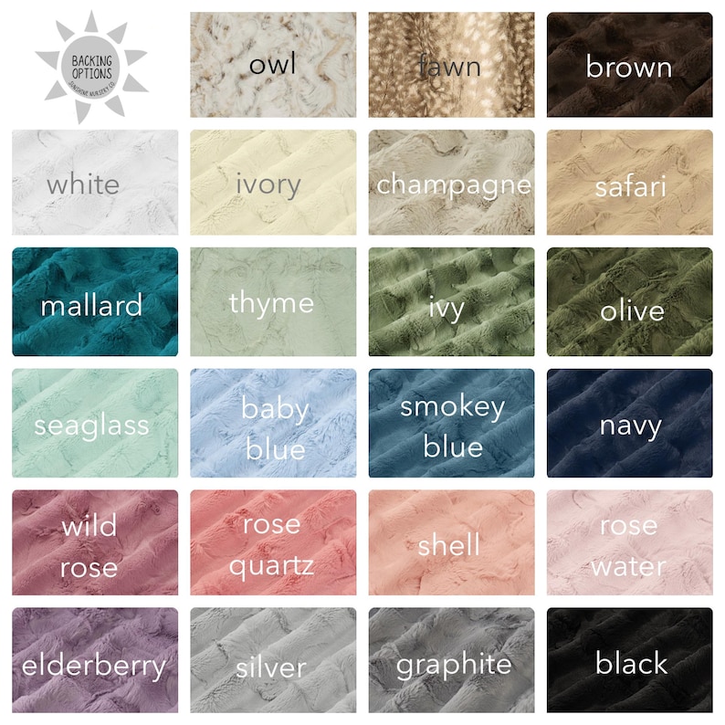 Puede incluir: Una carta de colores que muestra varias opciones de tela de felpa. Los colores incluyen blanco, marfil, champ&aacute;n, safari, &aacute;nade real, tomillo, hiedra, oliva, vidrio marino, azul beb&eacute;, azul ahumado, azul marino, rosa silvestre, cuarzo rosa, concha, agua de rosas, sa&uacute;co, plata, grafito y negro.