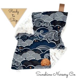 Lovey Blanket- COZY NIGHT SKY- navy gold lovey- baby lovey- security blanket- baby gift- boy- baby blanket- stars- moon- clouds- boho- blue