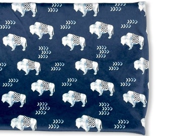 Crib Sheet or Changing Pad Cover- NAVY AZTEC BUFFALOES- boy Crib Sheet- boy Changing Pad Cover- blue- boho- nature- nursery- bedding-Buffalo