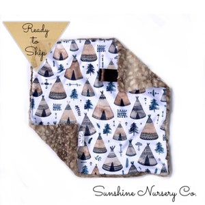 Lovey Blanket- WOODLAND NATIVE TEEPEES - baby lovey- security blanket- baby gift- boy lovey- ready to ship- baby blanket- lovey- Cuddle