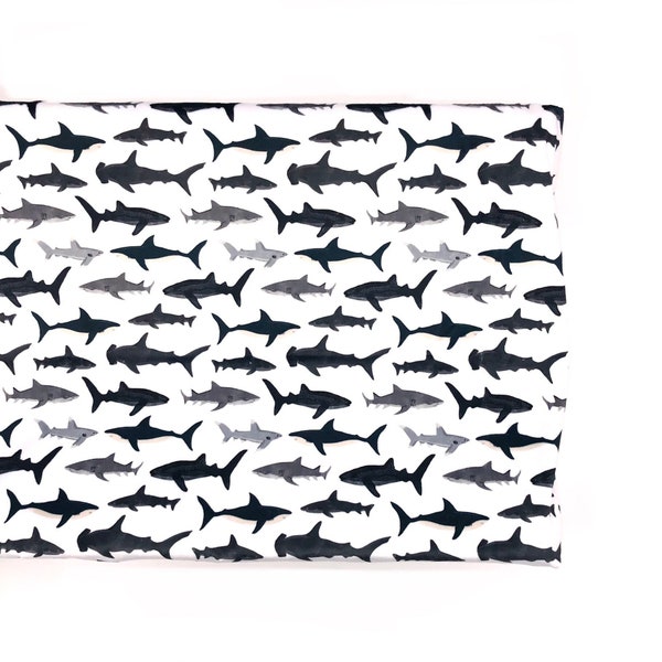 Crib Sheet or Changing Pad Cover- SHARK ATTACK- boy Crib Sheet- boy Changing Pad- shark bedding- gray navy bedding- boy nursery- FREE Ship!