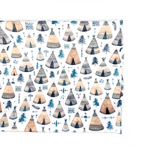 May include: A white fabric with a repeating pattern of blue and brown watercolor tipis, trees, and arrows.
