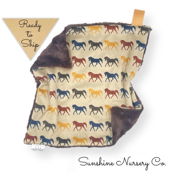 Lovey Blanket- HORSE TROT BEIGE  - baby lovey- security blanket- baby gift- boy lovey- horse lovey- horses -baby blanket- lovey- boho baby