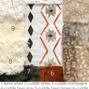 May include: A collection of ten fabric swatches in various colors and textures, including white, ivory, champagne, fawn gray, fawn brown, rust, olive, and green. The swatches are labeled with numbers 1 through 9. 1-llama white 2-cuddle white 3-cuddle champagne 4-cuddle fawn gray 5-cuddle fawn brown 6-cuddle rust 7-cuddle olive 8-llama ivory 9-cuddle ivory