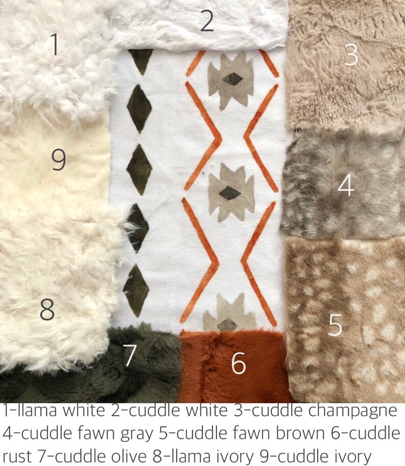 May include: A collection of ten fabric swatches in various colors and textures, including white, ivory, champagne, fawn gray, fawn brown, rust, olive, and green. The swatches are labeled with numbers 1 through 9. 1-llama white 2-cuddle white 3-cuddle champagne 4-cuddle fawn gray 5-cuddle fawn brown 6-cuddle rust 7-cuddle olive 8-llama ivory 9-cuddle ivory