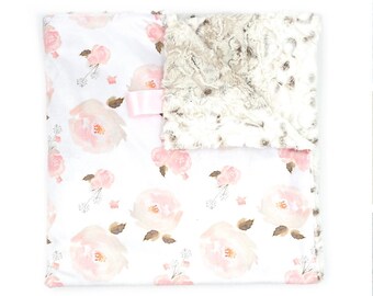 Cuddle Blanket- ROSE FLORAL- baby blanket- bedding- girl- floral- crib blanket- throw blanket- nursery- mauve- pink- roses- minky blanket