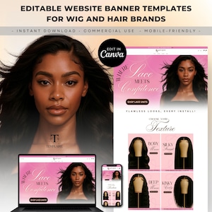 Può includere: Un modello di banner per siti web per marchi di parrucche e capelli. Il design presenta una donna con lunghi capelli scuri e il testo "Where Lace Meets Confidence". Il banner include un mockup di laptop e telefono.