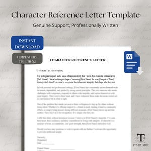 Character Reference Letter Template, Editable Word Doc, Printable Personal Reference, Letter of Support, Instant Download Document