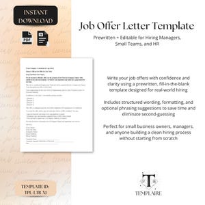 Plantilla de carta de oferta de trabajo editable para empleadores: guion de contratación empresarial, herramienta de redacción para la incorporación, descarga instantánea en PDF y Word.