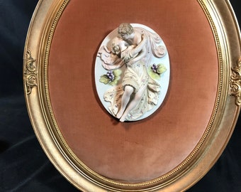 Porcelain Plaque,  Andrew Kolb and Sons, Lovers Mounted in Gold Victorian Frame