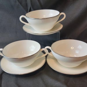 Wedgwood Doric Platinum Bone China Cream Soup Bowls with Saucers, Set of 3