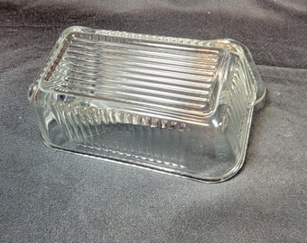 Clear Ribbed Glass Butter Dish Vintage