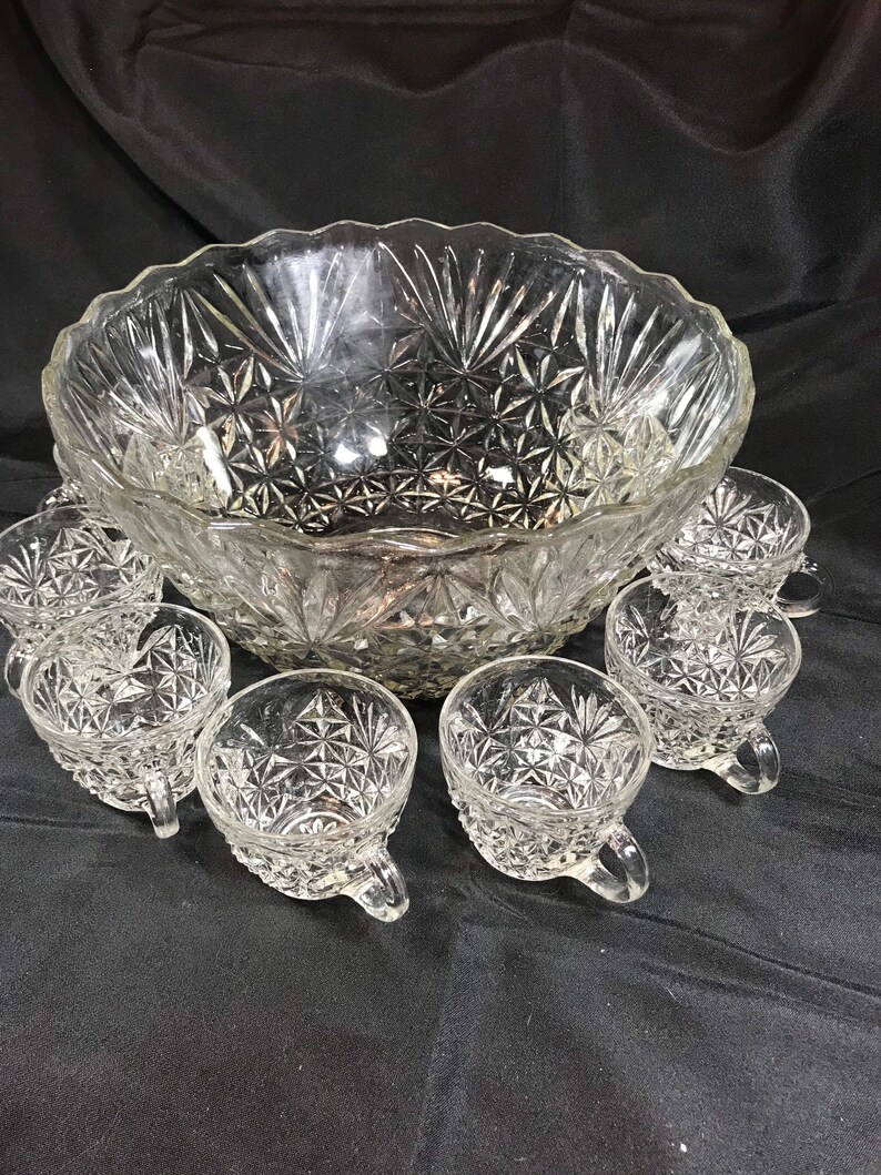 Anchor Hocking Arlington Punch Bowl set with 9 cups. Vintage Etsy