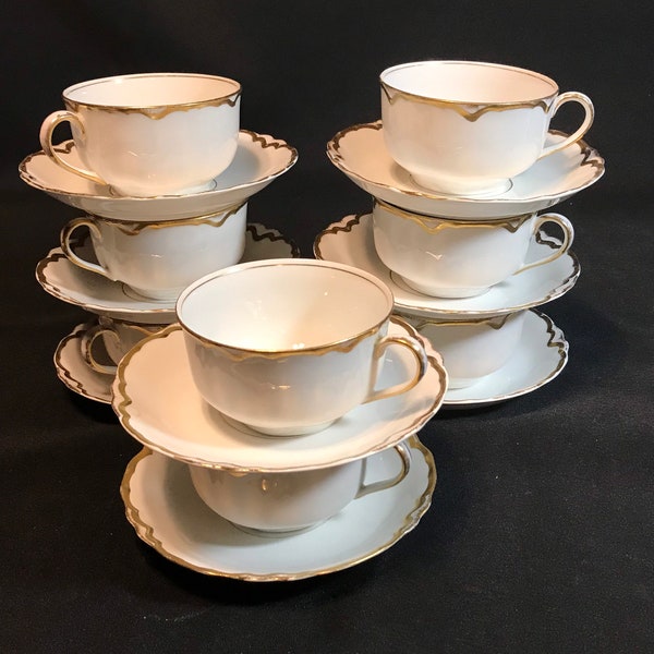 Antique Pope-Gosser Gold Trim Porcelain Tea Cups and Saucers made in 1920s. Set of 8.