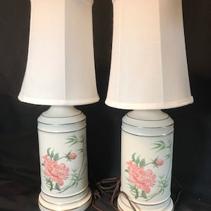 Vintage Pair of Porcelain Pink Floral Table or Boudoir Lamps, Gold Trim, with Shades