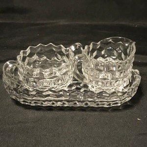 Fostoria American Clear Cream and Sugar With Tray, Vintage, Cube Motif