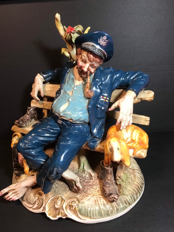 Capodimonte Tableau of Pilot in Uniform, hobo, Vagabond Sprawled on Bench W  His Dog - Etsy