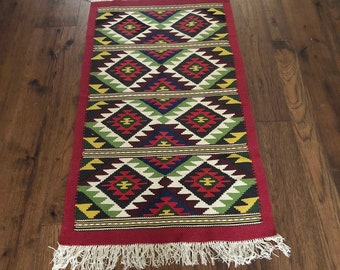 Vintage 4x2 Multicolor Woven Geometric Rug with Fringe