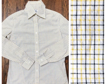 Vintage 1970s Women's Black and Yellow Checker Plaid Button Up Shirt, 100% Cotton, Size S
