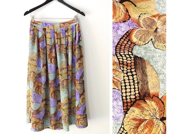 Vintage 90s Abstract Flower and Leaf Print High Waisted Pleated Skirt with Pockets, Size M