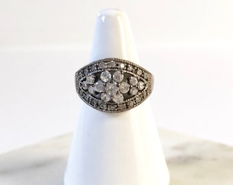 Vintage 90s Floral Rhinestone Statement Ring, Size 6.5