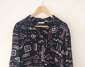 Vintage 90s 3/4 Length Sleeve Abstract Geometric Print Sheer Viscose Blouse, Size 38 (Large)